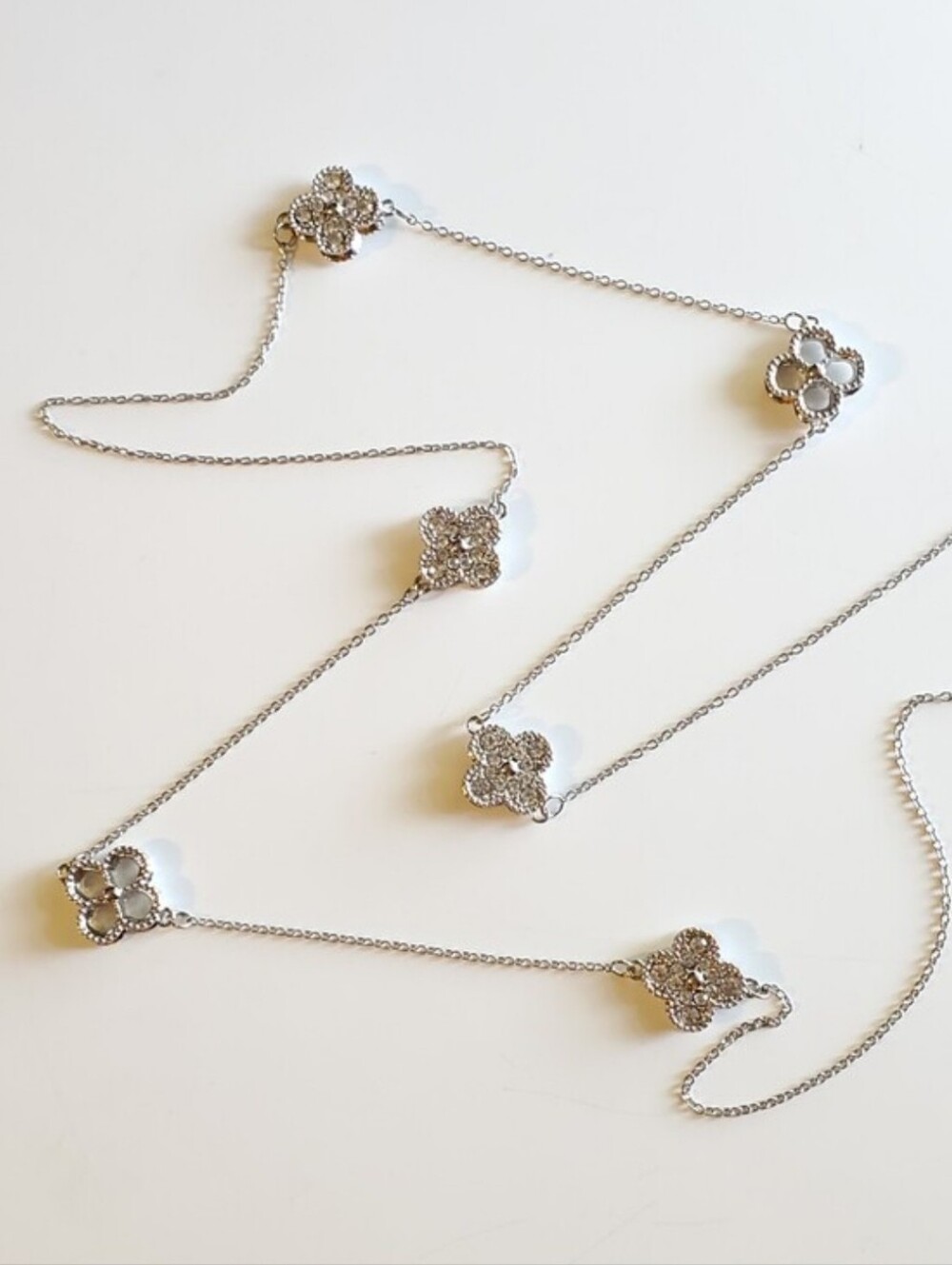 Trendy & Stylish Long Silver Clover Station Necklace - 39” Adjustable